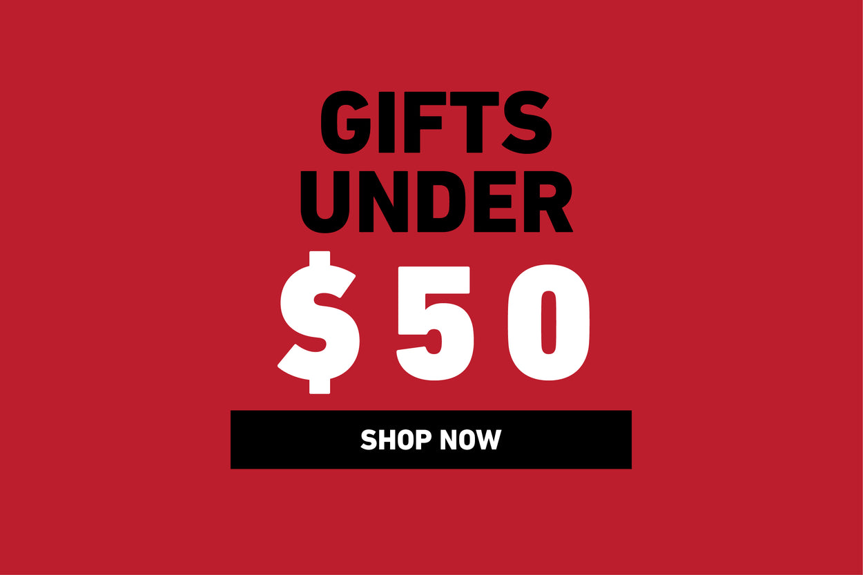 Red background with bold black and white text reads, "GIFTS UNDER $50." Below, a black rectangle contains "SHOP NOW" in white letters.