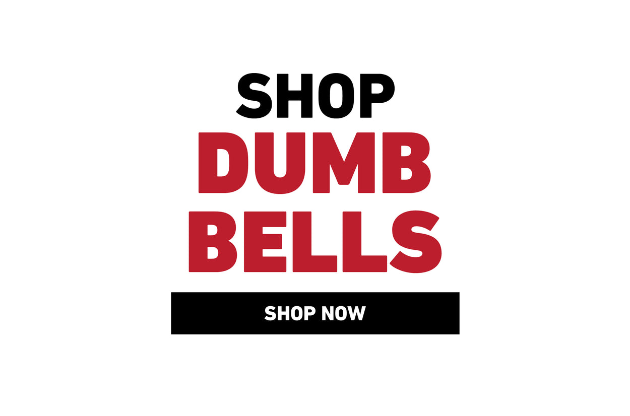 Bold text on a white background reads "Shop Dumbbells" in black and red, with a black "Shop Now" button below.