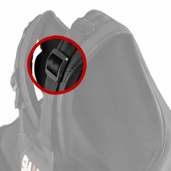 A close-up of the Boxers Chest Guard Replacement Part - Strap Adjuster by SMAI, highlighted with a red circle on a padded vest, with the rest of the chest guard faded out in the background.