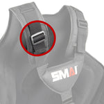 A close-up view highlights the black adjustable strap and silver buckle of the SMAI Boxers Chest Guard Replacement Part - Strap Adjuster. The secure strap adjuster clip is emphasized within a red circle, while the remainder of the padded vest is faded. The "SMAI" logo is visible on the product.