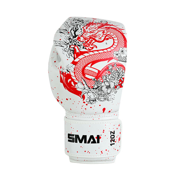 The SMAI Boxing Glove - White Dragon Limited Edition is a white cowhide leather glove with red and black dragon, flower, and splatter artwork, plus "SMAI" and "12oz" printed on the wrist strap.
