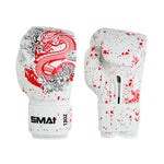 The SMAI Boxing Glove - White Dragon Limited Edition features white cowhide leather, red splatter patterns, a detailed red dragon design, and 12oz injection moulded padding for superior protection and performance.