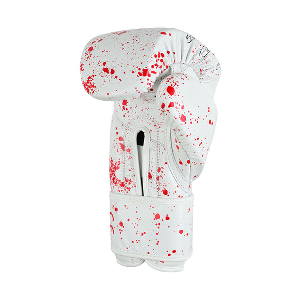 The SMAI Boxing Glove - White Dragon Limited Edition features white cowhide leather with bold red paint splatters, shown upright against a plain white background.