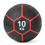 A black SMAI commercial medicine ball from the Commercial Medicine Ball Set 34kg, featuring red hexagonal patterns and "10 KG" in white at its center. Its textured slip-resistant surface provides excellent grip, ideal for CrossFit workouts.