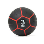 A black SMAI medicine ball from the Commercial Medicine Ball Set 34kg, featuring red seams and "3 KG" in white on the front, boasts a textured, slip-resistant surface perfect for CrossFit workouts or any fitness regime.