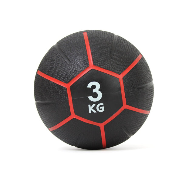 A black SMAI medicine ball from the Commercial Medicine Ball Set 34kg, featuring red seams and "3 KG" in white on the front, boasts a textured, slip-resistant surface perfect for CrossFit workouts or any fitness regime.