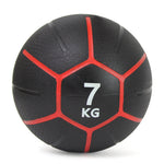A black SMAI medicine ball from the Commercial Medicine Ball Set 34kg, featuring slip-resistant red stripes with a 7 kg label on the front, is perfect for CrossFit workouts. The surface has a textured grip pattern, making it ideal for rigorous use.