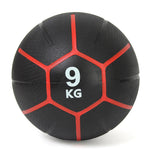 A durable rubber medicine ball from the Sale Item brand, with a sleek black design featuring red accents, is prominently marked with "9 KG" in white.