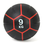 A black medicine ball from SMAI's Commercial Medicine Ball Set 34kg features red accents and "9 KG" printed in white, indicating its weight. Specifically designed for CrossFit workouts, it offers a slip-resistant, textured grip for enhanced handling.