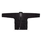 The SMAI Supreme X Brazilian Jiu Jitsu Uniform - Black jacket, made from durable pearl weave fabric with white stitching, wide sleeves, a thick collar, and visible chest patches and label, is displayed on a white background.