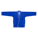 The SMAI Supreme X Brazilian Jiu Jitsu Uniform in blue features pearl weave fabric, white stitching, and comes with a matching blue belt, displayed flat with arms extended horizontally.