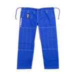 The SMAI Supreme X Brazilian Jiu Jitsu Uniform - Blue features bright blue pearl weave pants with reinforced stitching, a drawstring waist, “SUPREMEX” in white on the left leg, and a black and white tag near the waistband.
