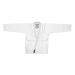 The SMAI Supreme X Brazilian Jiu Jitsu Uniform in white features a durable pearl weave jacket with long sleeves, reinforced stitching, and a labeled collar, all displayed on a white background.
