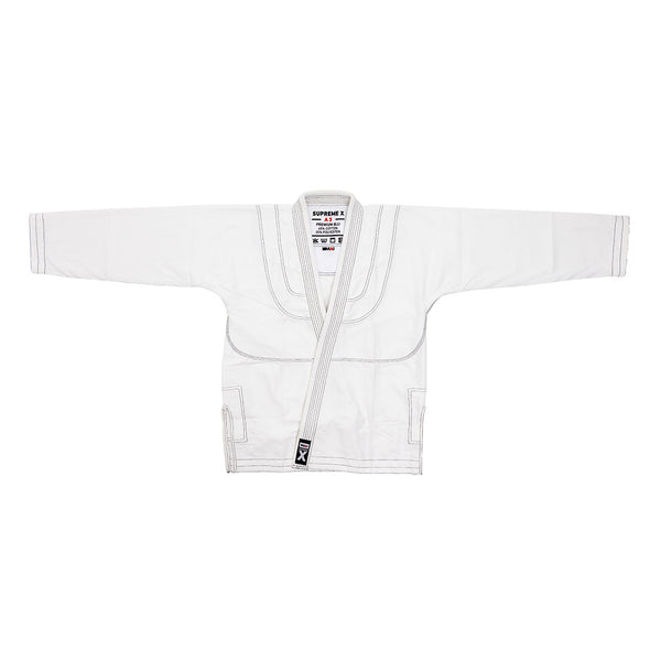 The SMAI Supreme X Brazilian Jiu Jitsu Uniform in white features a durable pearl weave jacket with long sleeves, reinforced stitching, and a labeled collar, all displayed on a white background.