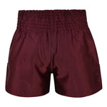 SMAI Muay Thai Shorts - Burgundy, crafted from shiny satin polyester with a wide, ruched elastic waistband, showcased against a white background.