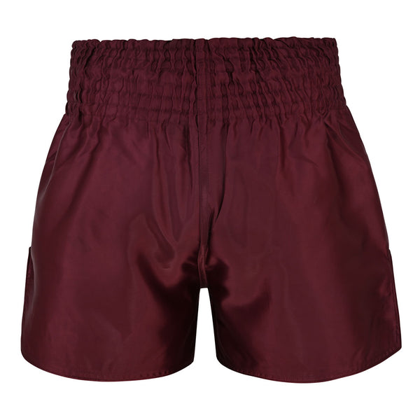 SMAI Muay Thai Shorts - Burgundy, crafted from shiny satin polyester with a wide, ruched elastic waistband, showcased against a white background.