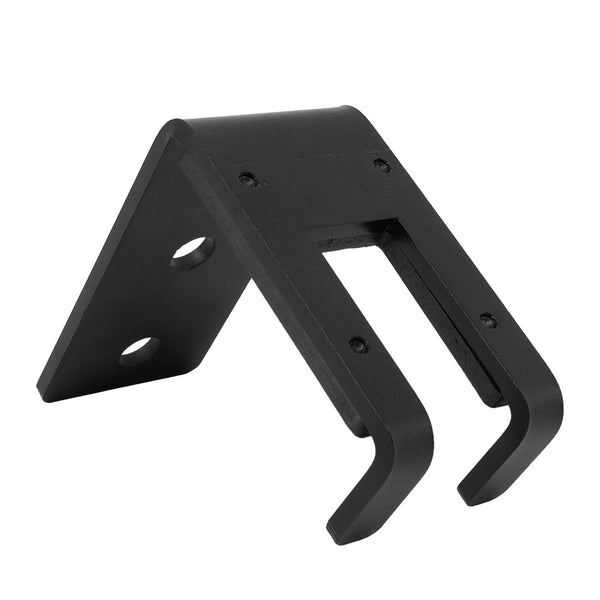 The SMAI X-Frame / Wall Mount Barbell Hanger is a black metal bracket featuring an angled shape with two slots and two holes on its surface, ideal for securely mounting or supporting Olympic barbells.