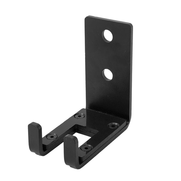 The SMAI X-Frame Wall Mount Barbell Hanger is a black metal mounting bracket featuring two vertical screw holes and two horizontal hooks at the base, ideally designed for securing or supporting Olympic barbells.