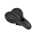 The SMAI Air Fit Bike 2.0 Seat in black with white stitching is shown on a white background. Featuring a wide, cushioned design for extra comfort, it’s the ideal replacement for your bike's seat assembly.