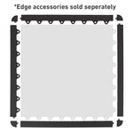 A square interlocking gym tile with edge pieces in black is displayed separately, ideal for creating durable rubber gym flooring. The light gray surface and interlocking tabs make it perfect for any workout space. Text indicates: "TPE Gym Flooring Edge / Corner Accessories by No Sync To Channel Engine are sold separately.