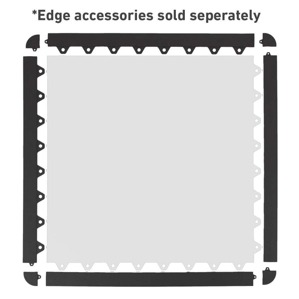 A square interlocking gym tile with edge pieces in black is displayed separately, ideal for creating durable rubber gym flooring. The light gray surface and interlocking tabs make it perfect for any workout space. Text indicates: "TPE Gym Flooring Edge / Corner Accessories by No Sync To Channel Engine are sold separately.