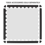 The TPE Gym Flooring Tile - 5mm by No Sync To Channel Engine is displayed on a white background with interlocking edges. Black edge accessories surround the gym tile and are labeled "EDGE ACCESSORIES SOLD SEPARATELY," making it an ideal choice for TPE gym flooring solutions.