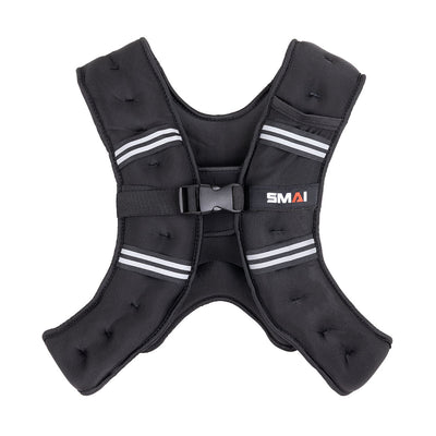 The SMAI Weighted Vest - Black features padded shoulder straps, gray reflective stripes, a front buckle closure, and the SMAI logo on the right chest. Ideal for adding resistance to workouts.