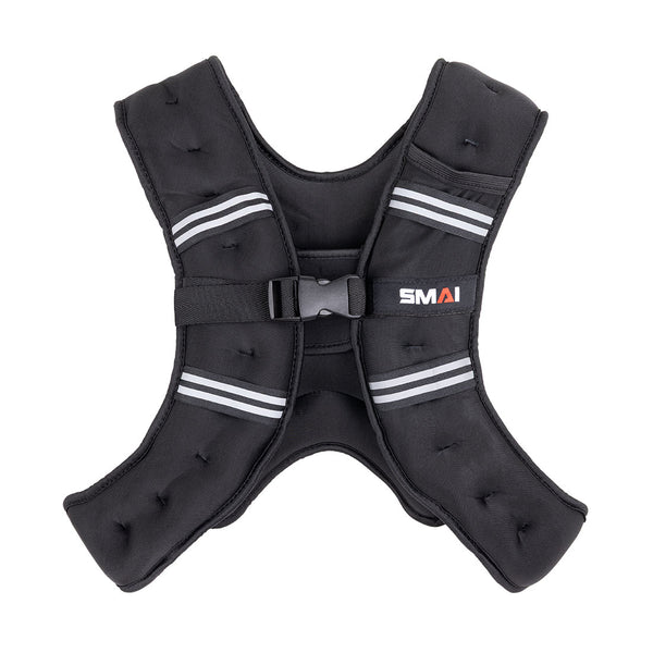 The SMAI Weighted Ruck Vest - Black features padded shoulder straps, gray reflective stripes, a front buckle closure, and the "SMAI" logo on the right chest. Ideal for adding resistance to workouts.