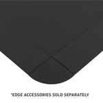 Close-up view of a corner mat designed for No Sync To Channel Engine's TPE Gym Flooring Tile - 5mm, featuring precise cuts and a rounded edge. Text at the bottom reads "*EDGE ACCESSORIES SOLD SEPARATELY.