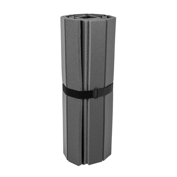 A black SMAI Roll Out Workout Mat - Dollamur Flexi Roll stands upright, rolled up with a black strap and tatami-textured vinyl, set against a white background.