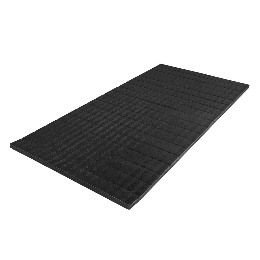 The SMAI Roll Out Workout Mat - Dollamur Flexi Roll in black features tatami-textured vinyl for superior grip and durability, shown as a rectangular foam sheet with a grid pattern on a white background.