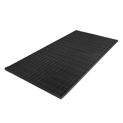 The SMAI Roll Out Workout Mat - Dollamur Flexi Roll in black features tatami-textured vinyl for superior grip and durability, shown as a rectangular foam sheet with a grid pattern on a white background.