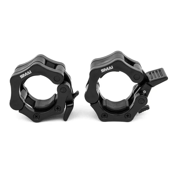 Two black plastic collars with locking mechanisms are displayed on a white background. Designed for a home lifting setup, each collar features a durable, rugged design with visible "Sale Item" branding and a lever for securing weights, ideal for Olympic lifting with the 155kg HD Bumper Plate Set Inc 15kg Barbell.