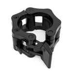 The Yard - Barbell - Easy Lock 50mm Collars (Pair) by SMAI are black plastic clamps with locking levers, designed to securely fasten weight plates to barbells for safe and easy weightlifting sessions.