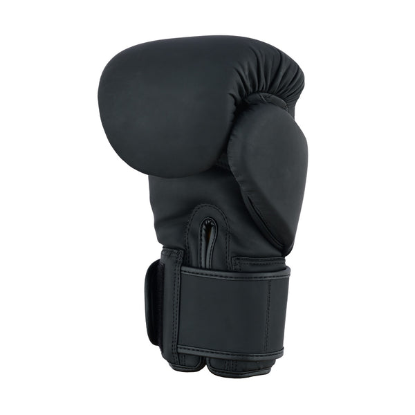A single SMAI PRE ORDER - Gold Series Boxing Glove in Black/Gold is displayed upright with a velcro strap against a plain white background.
