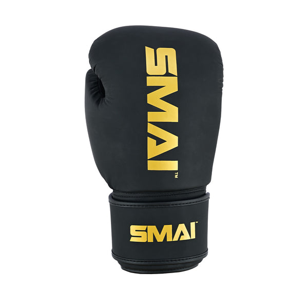 The PRE ORDER - Gold Series Boxing Glove in Black/Gold by SMAI features bold yellow "SMAI" branding on the front and wrist strap, shown upright against a white background—ideal for anyone wanting premium boxing gloves.