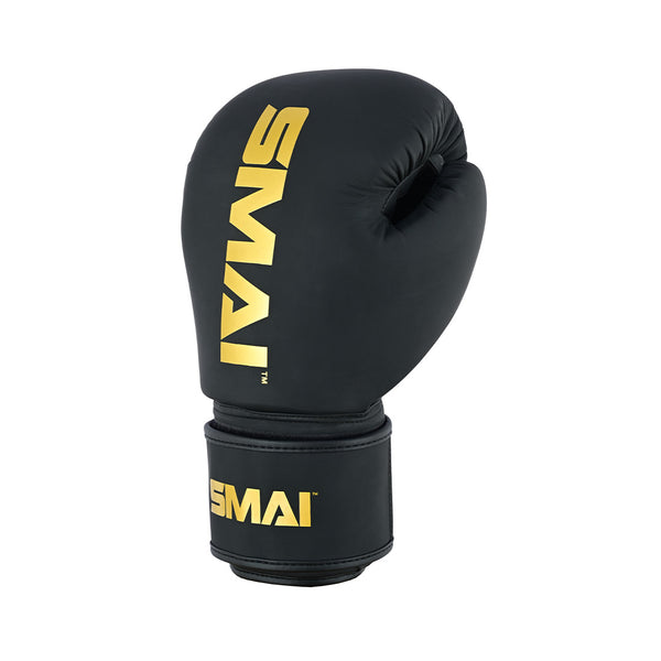 A black and gold premium boxing glove from SMAI’s PRE ORDER Gold Series, with "SMAI" in bold yellow on the top and wrist strap, is shown against a plain white background.