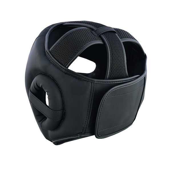 The SMAI Gold Series Boxing Headgear - Black/Gold features mesh top ventilation, thick EVA-padded ear protection, and an adjustable side velcro strap. Pre-order this black combat headgear for maximum comfort and safety in the ring.