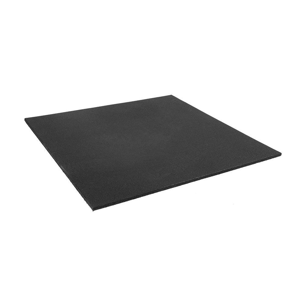 The SMAI Rubber Course Granule Gym Flooring Tile - 15mm in Black is shown against a white background at an angle, highlighting its thin, flat surface—ideal for gym flooring or as an anti-slip mat.