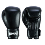 The SMAI PRE ORDER: Essentials Kids Boxing Glove - Black features a glossy finish, Velcro strap labeled "SMAI 20oz," and is perfect for kids starting boxing. One glove shows the front; the other displays the palm side.