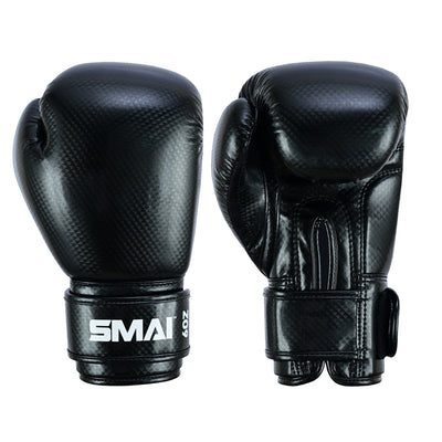 The SMAI PRE ORDER: Essentials Kids Boxing Glove - Black features a glossy finish, Velcro strap labeled "SMAI 20oz," and is perfect for kids starting boxing. One glove shows the front; the other displays the palm side.