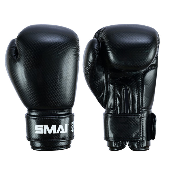 The SMAI PRE ORDER: Essentials Kids Boxing Glove - Black features a glossy finish, Velcro strap labeled "SMAI 20oz," and is perfect for kids starting boxing. One glove shows the front; the other displays the palm side.