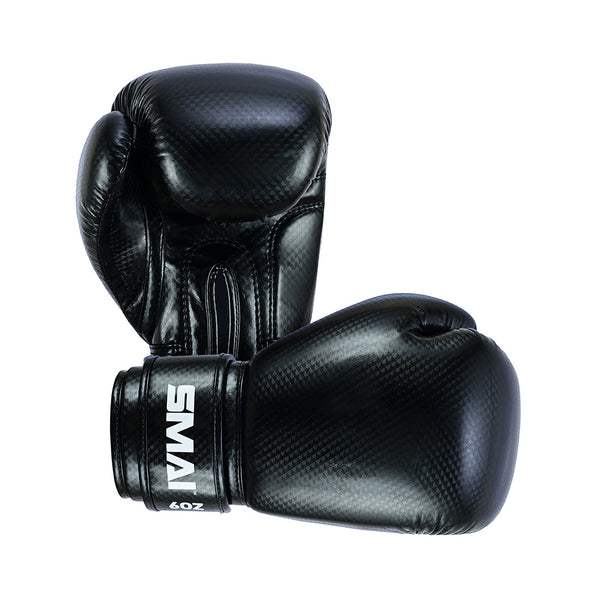 A pair of black SMAI PRE ORDER: Essentials Kids Boxing Gloves, featuring a shiny, textured surface. One glove stands upright while the other lies on its side, displaying a wrist strap with "SMAI" and "6oz" printed in white.
