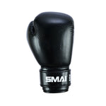 The PRE ORDER: Essentials Kids Boxing Glove - Black by SMAI features a textured design and a wrist strap labeled "SMAI" and "6oz" in white, shown upright against a plain white background.