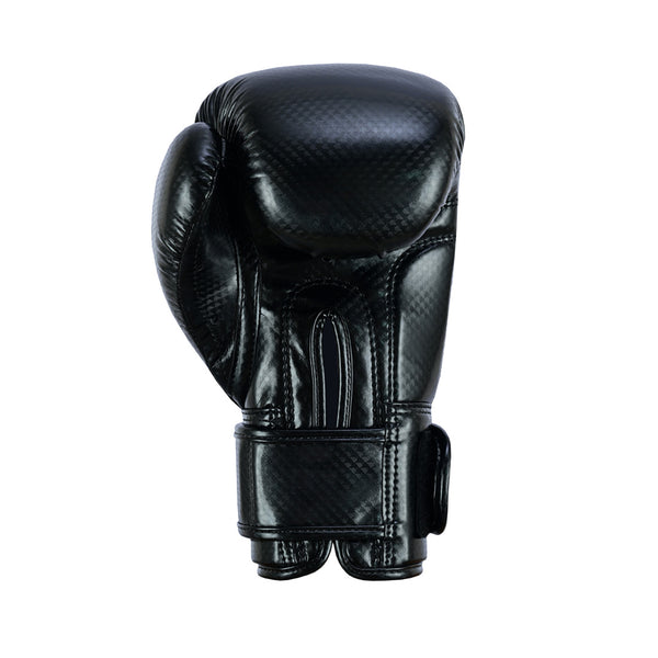 The SMAI PRE ORDER: Essentials Kids Boxing Glove - Black features a textured surface and velcro strap, displayed against a white background.