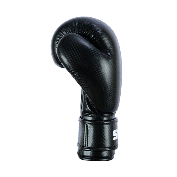 A single SMAI PRE ORDER: Essentials Kids Boxing Glove - Black, crafted from shiny, textured material, stands upright on a plain white background.