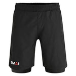 The SMAI Hybrid MMA Grappling Shorts in black feature an elastic waistband, subtle double-layer design, and “SMAI” printed in white and red on the lower left leg. These plain fight shorts have no visible pockets or patterns.