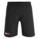 The SMAI Hybrid MMA Grappling Shorts in black feature an elastic waistband and the SMAI logo in white and red on the lower left leg.