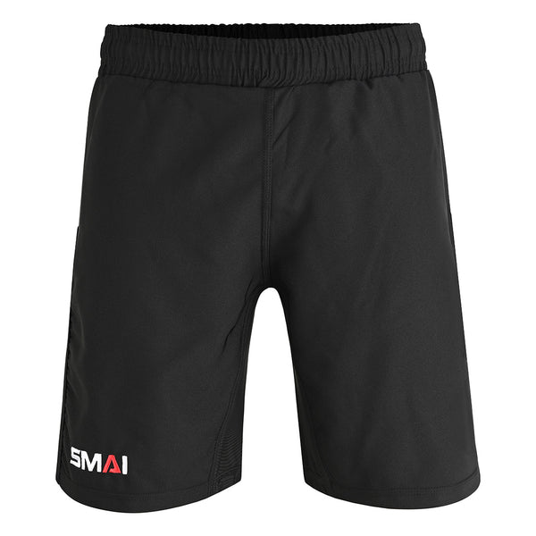 The SMAI Hybrid MMA Grappling Shorts in black feature an elastic waistband and the SMAI logo in white and red on the lower left leg.