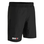 The SMAI Hybrid MMA Grappling Shorts in black feature an elastic waistband, side slit, and "SMAI" printed in white and red on the left leg—ideal for sports, training, or MMA grappling sessions.